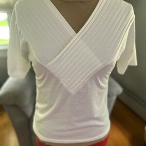 White Ribbed V neck Blouse Short Sleeve
